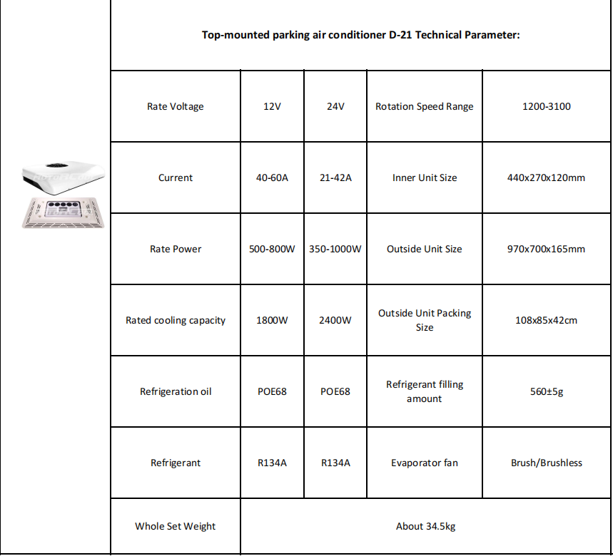 Motorcool JP Heater D21 12V 24V Rooftop Electric Overhead All-in-one Truck Air Conditioner Brush or Brushless Compressor