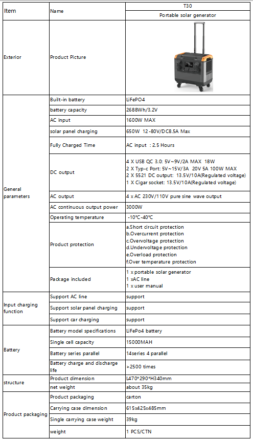 JP Heater New Solar Battery Portable solar generator 3000W Portable Solar Generator LiFePO4 Battery 12-80V/DC8.5A Outdoor Power Station